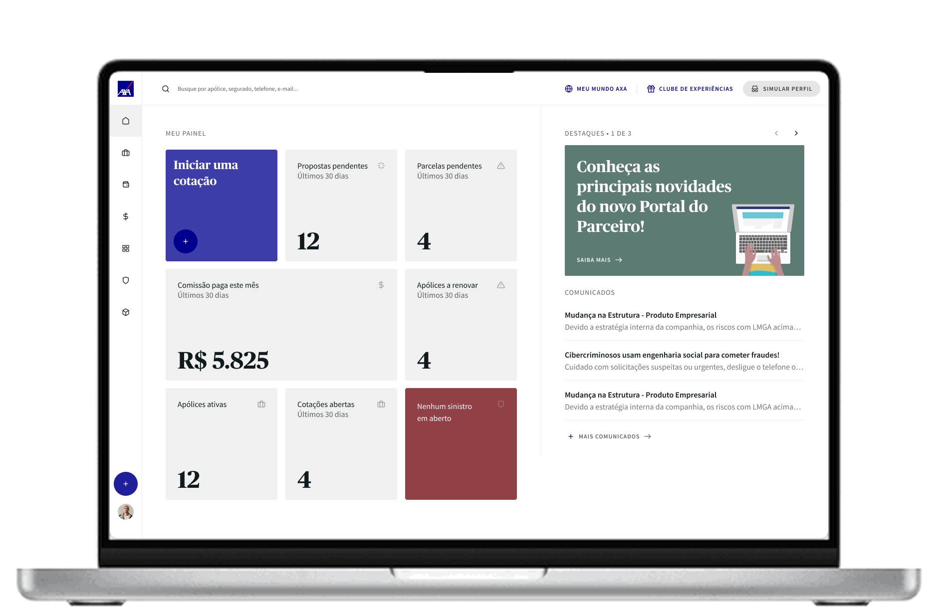 AXA Hub — painel do corretor no MacBook